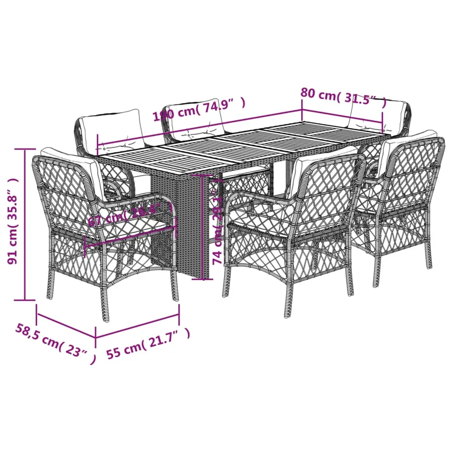 Ensemble à manger de jardin coussins 7pcs Noir Résine tressée - 7