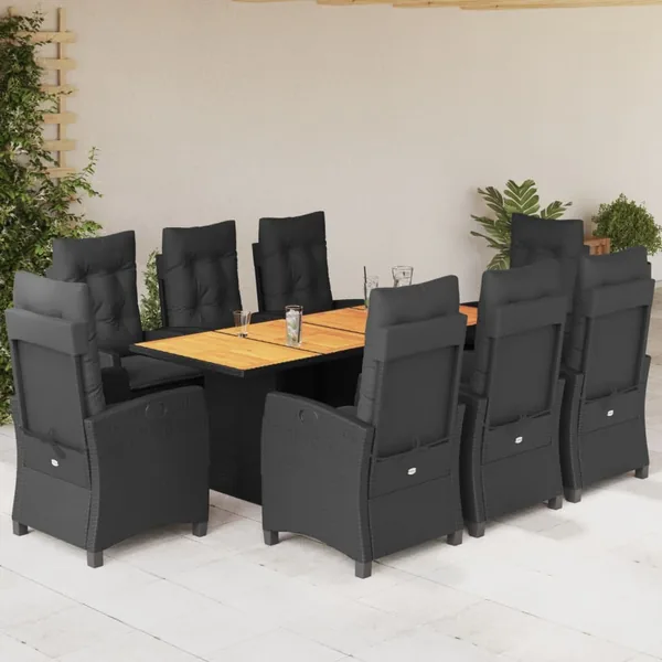 Ensemble à manger de jardin 9pcs coussins noir résine tressée
