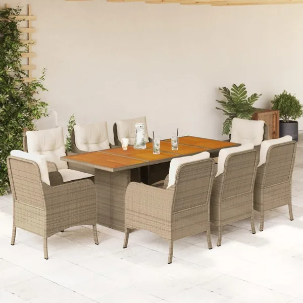 Ensemble à manger de jardin et coussins 9 pcs beige Poly rotin