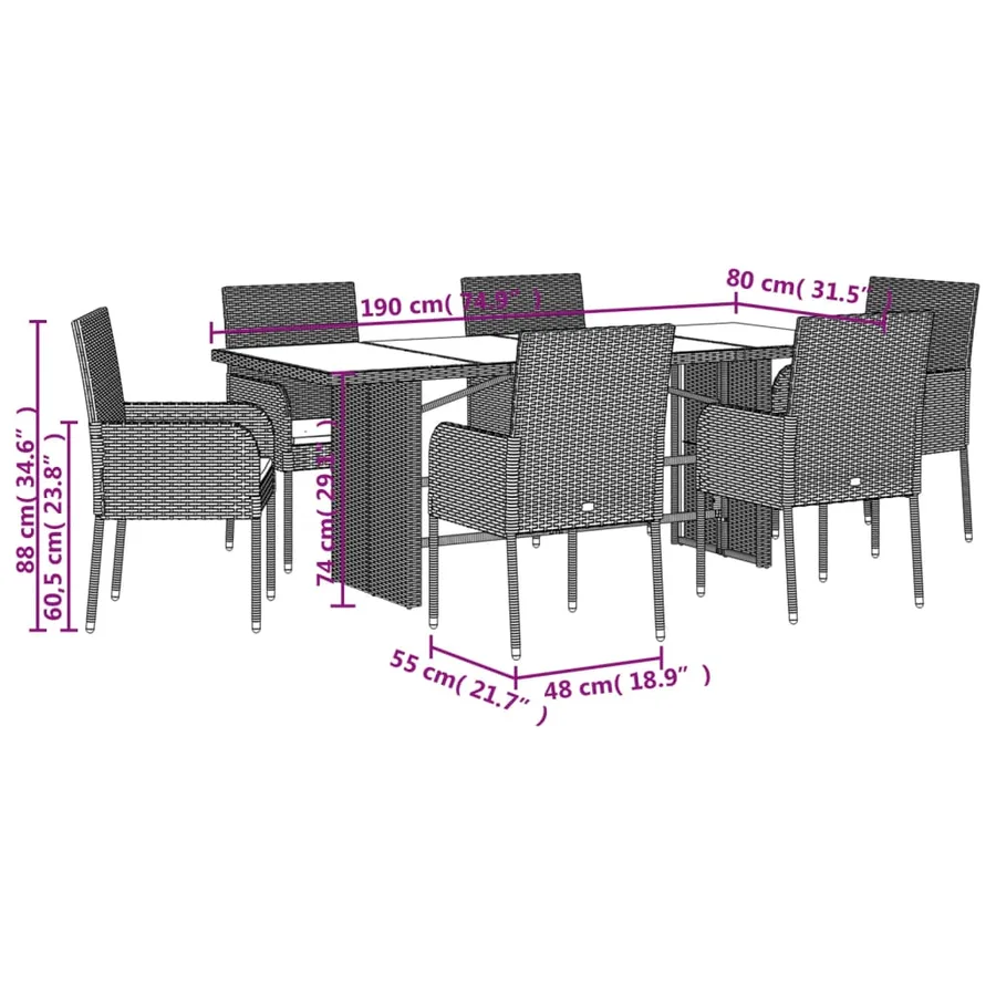 Ensemble à manger de jardin coussins 7pcs Noir Résine tressée - 7
