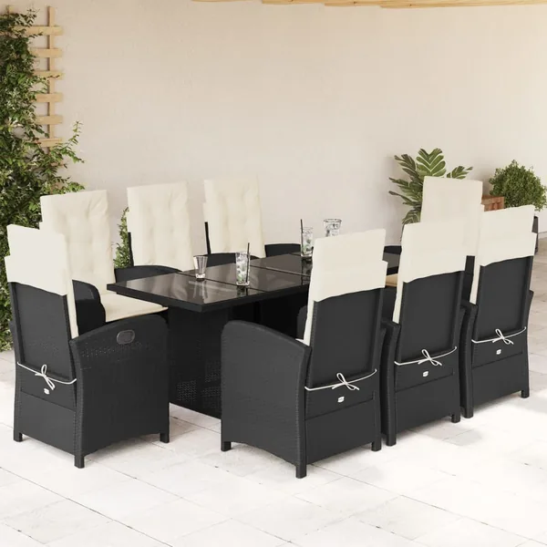 Ensemble à manger de jardin 9pcs coussins noir résine tressée