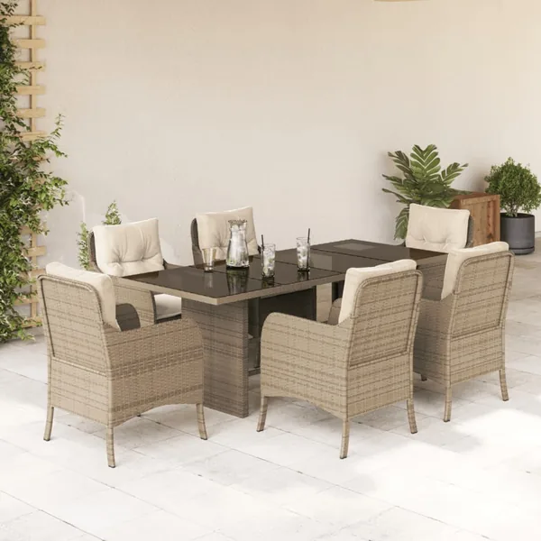 Ensemble à manger de jardin et coussins 7 pcs beige poly rotin