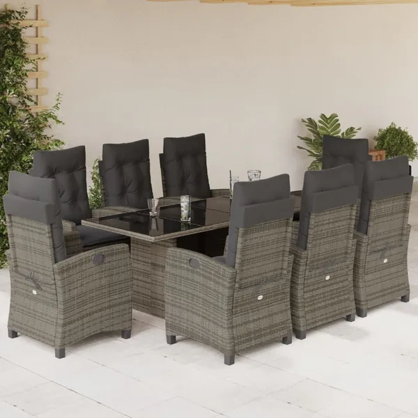 Ensemble à manger de jardin 9 pcs coussins gris résine tressée