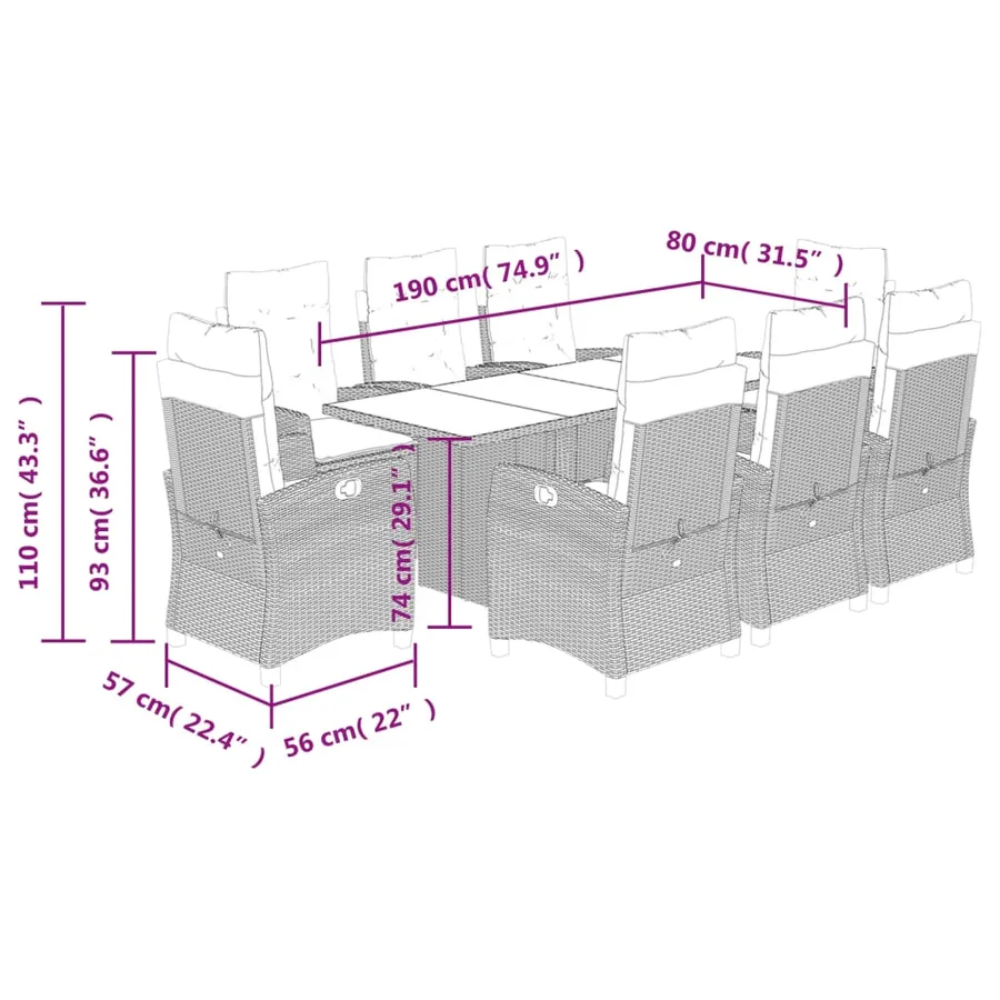 Ensemble à manger de jardin 9 pcs coussins gris résine tressée - 9
