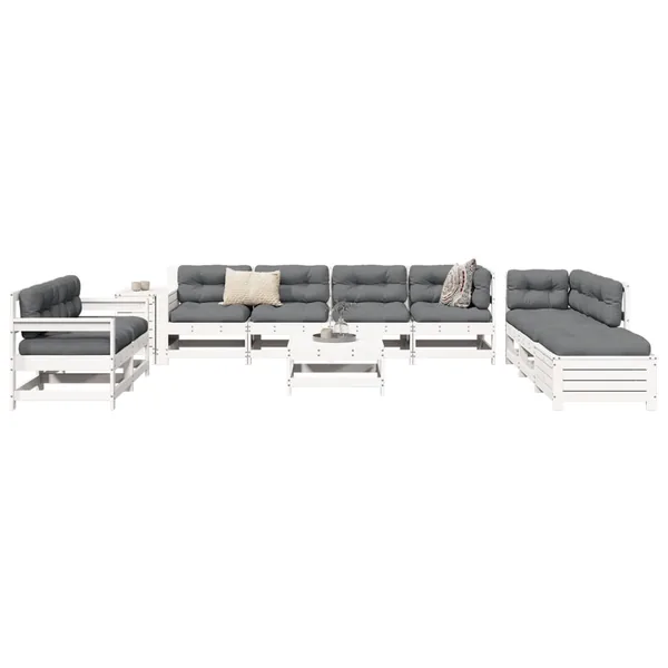Salon de jardin 11 pcs blanc bois massif de pin