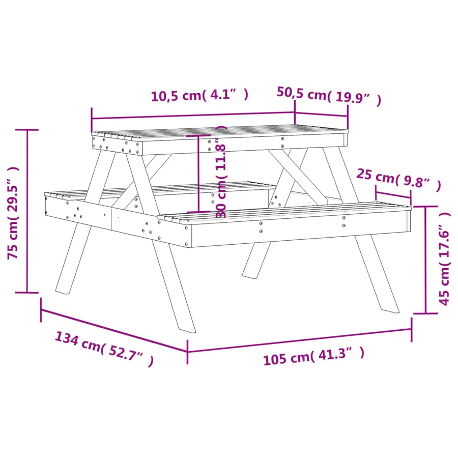 Table de pique-nique blanc 105x134x75 cm bois massif de pin - 9