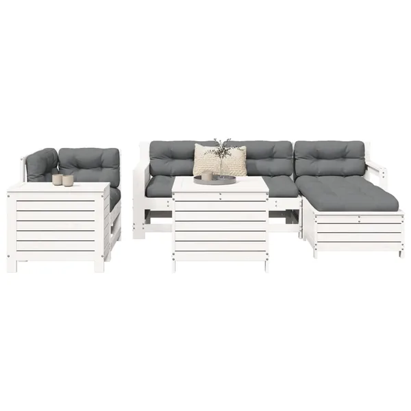 Salon de jardin 7 pcs blanc bois de pin massif