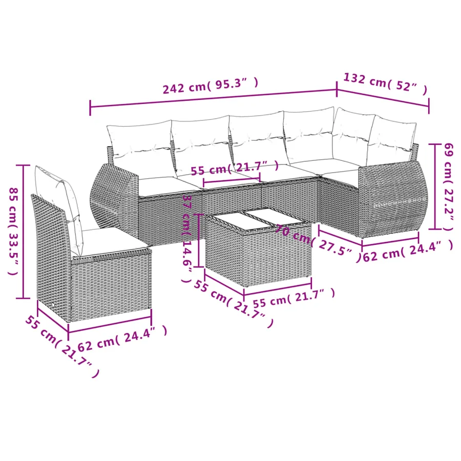 Salon de jardin 7 pcs avec coussins noir résine tressée 71 x 62 x 69 cm - 60,4 kg - 3