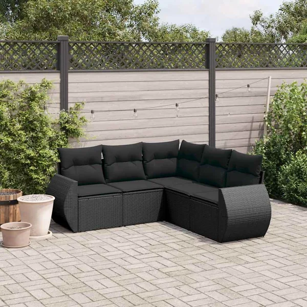 Salon de jardin 5 pcs avec coussins noir résine tressée