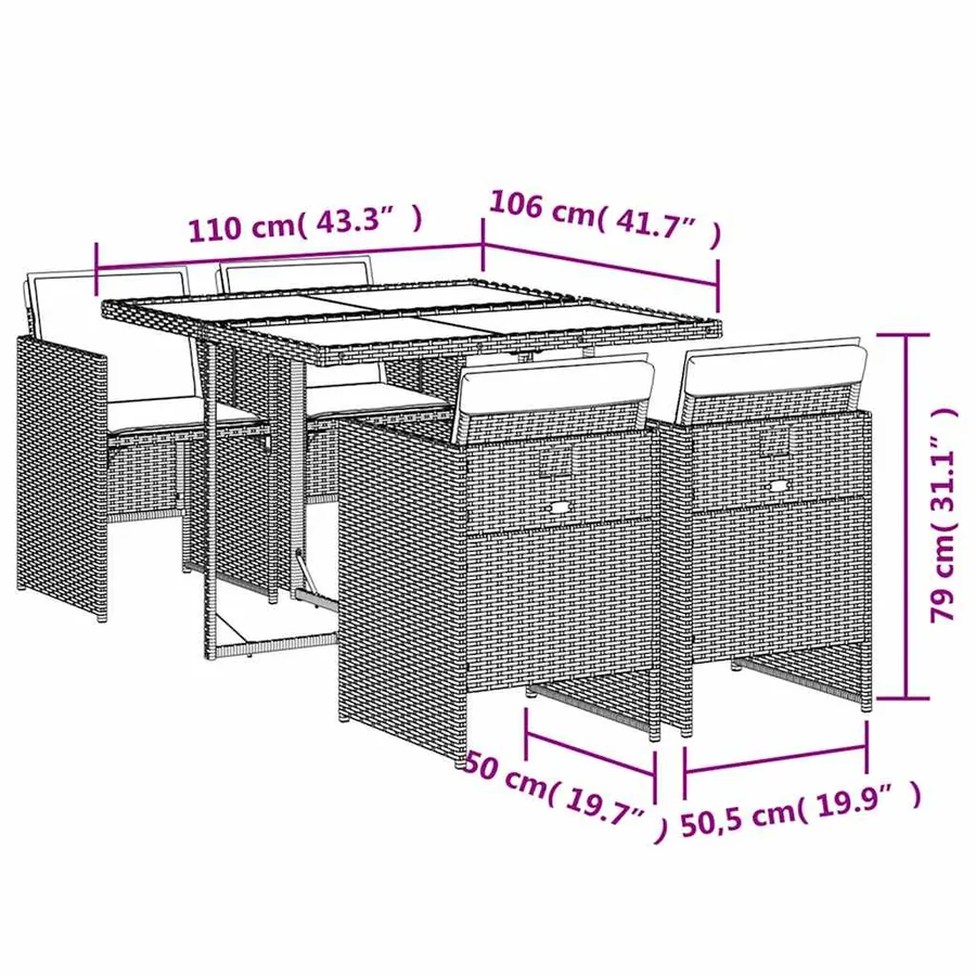 Ensemble à manger de jardin et coussins 5 pcs gris clair rotin - 9