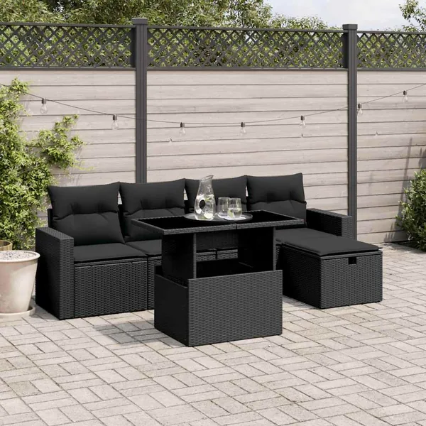 Salon de jardin 6 pcs avec coussins noir résine tressée