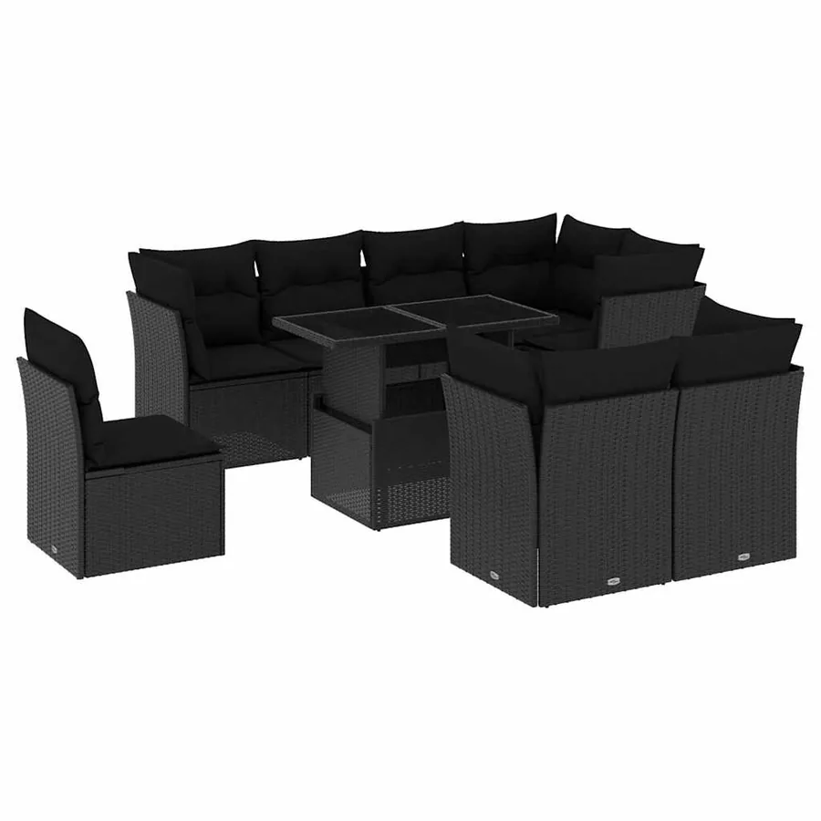 Salon de jardin 9 pcs avec coussins noir résine tressée - 2