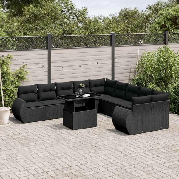 Salon de jardin 11 pcs avec coussins noir résine tressée