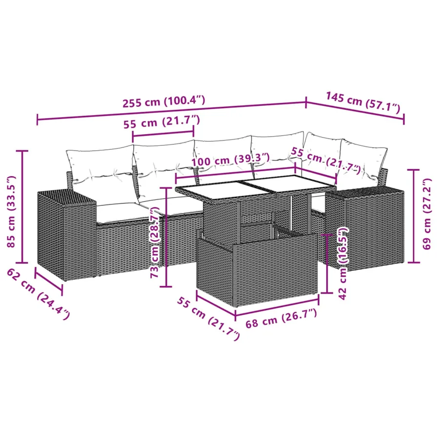 Salon de jardin 6 pcs avec coussins noir résine tressée - 10