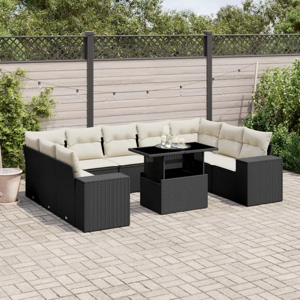 Salon de jardin 10 pcs avec coussins noir résine tressée