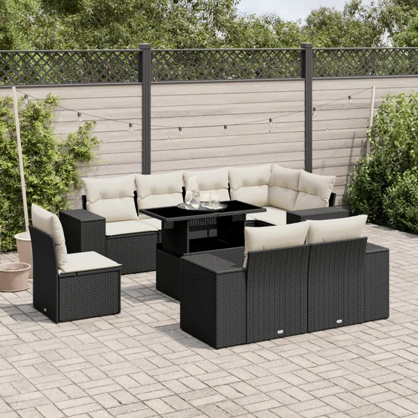 Salon de jardin 9 pcs avec coussins noir résine tressée