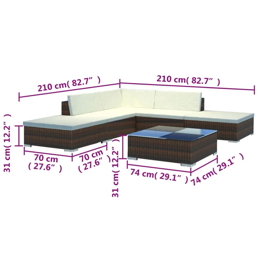 Salon de jardin 6 pcs avec coussins Résine tressée Marron - 8