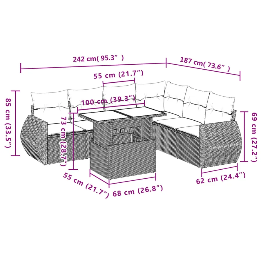 Salon de jardin 7 pcs avec coussins noir résine tressée 62 x 62 x 69 cm - 64,2 kg - 8