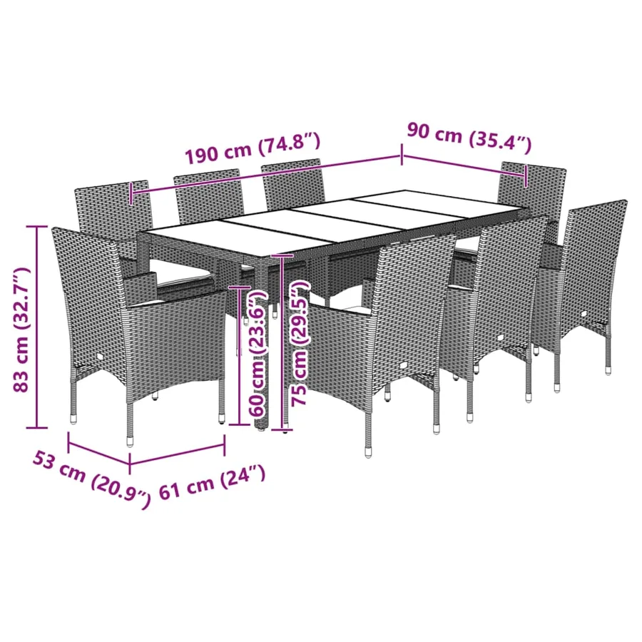 Ensemble à manger de jardin et coussins 9pcs marron rotin verre - 7