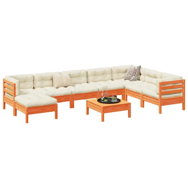 Salon de jardin 9 pcs avec coussins marron cire bois pin massif