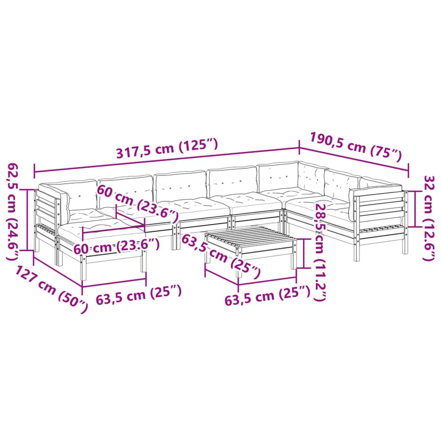 Salon de jardin 9 pcs avec coussins marron cire bois pin massif - 14