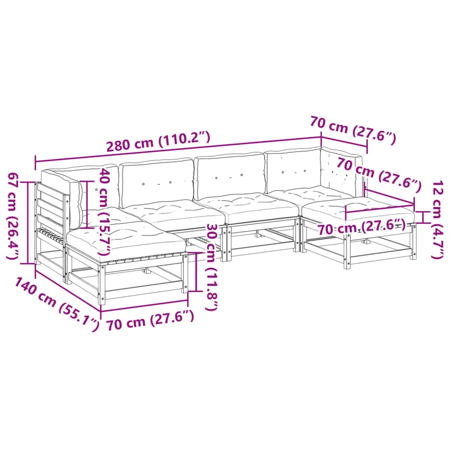 Salon de jardin 6 pcs avec coussins cire marron bois pin massif - 12