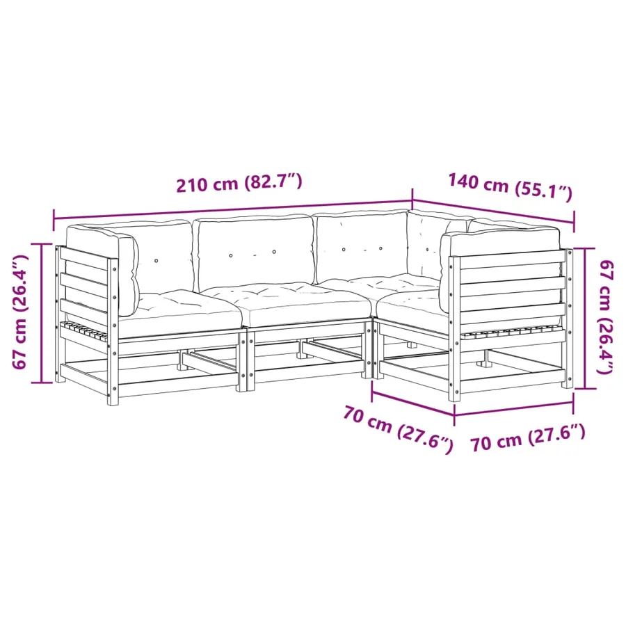 Salon de jardin 4 pcs avec coussins cire marron bois pin massif - 10