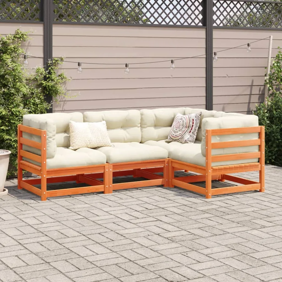 Salon de jardin 4 pcs avec coussins cire marron bois pin massif - 3