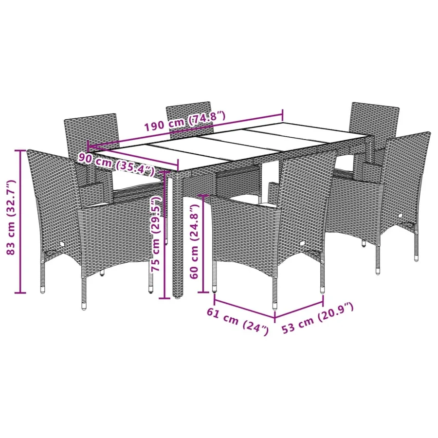 Ensemble à manger de jardin et coussins 7pcs noir rotin acacia - 7
