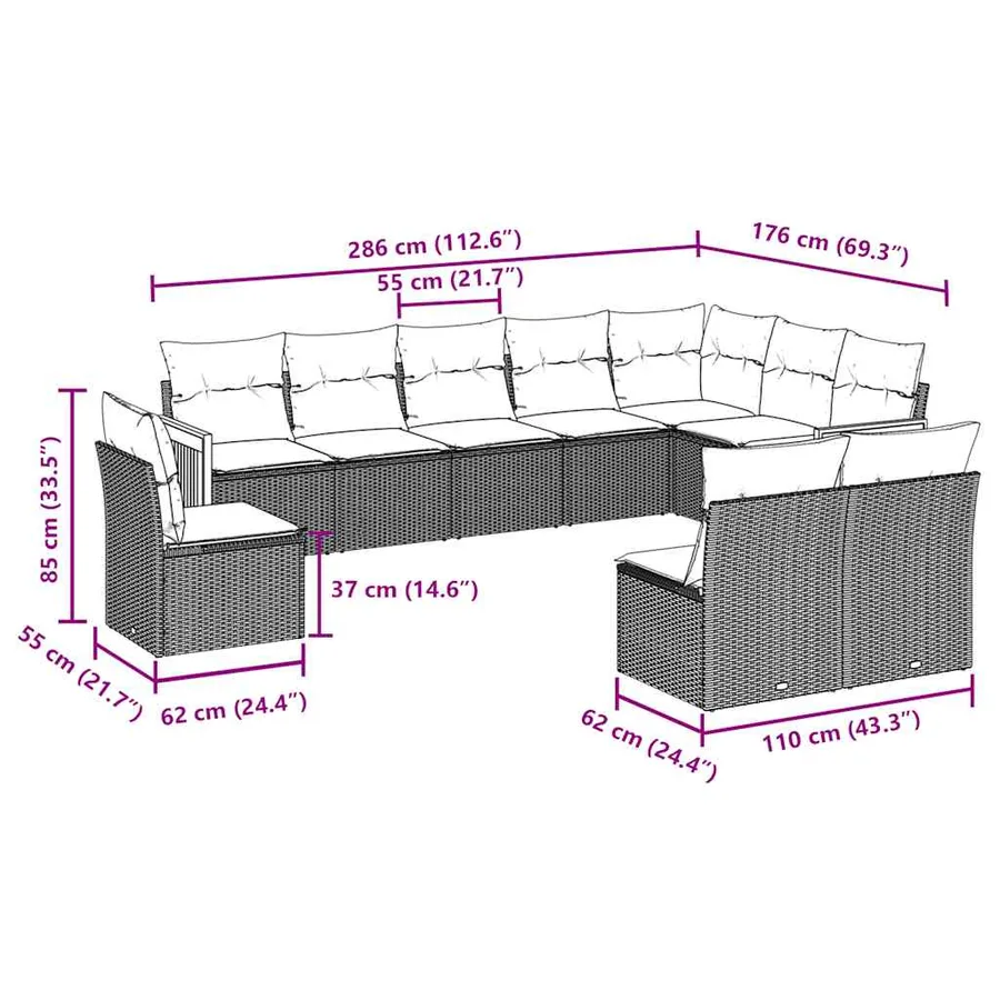 Salon de jardin 10 pcs avec coussins noir résine tressée - 3