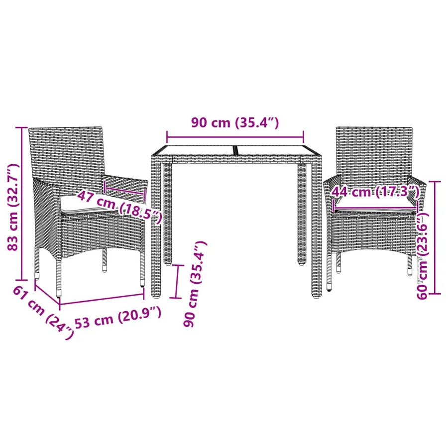 Ensemble à manger de jardin et coussins 3pcs marron rotin verre - 7