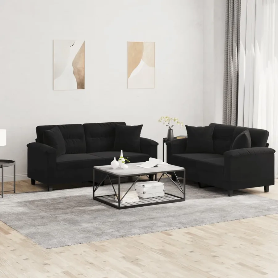 Ensemble de canapés 2 pcs avec coussins Noir Tissu microfibre