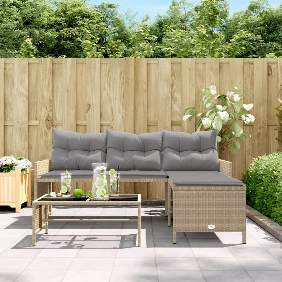 Canapé de jardin table et coussins en forme de L mélange beige - 3