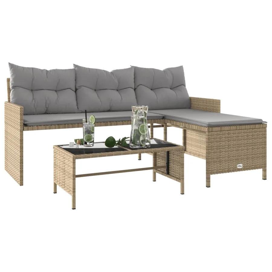 Canapé de jardin table et coussins en forme de L mélange beige - 4