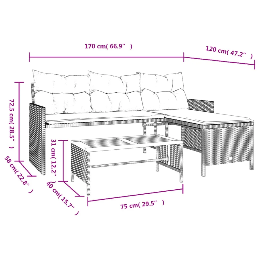 Canapé de jardin avec table et coussins en forme de L beige - 10