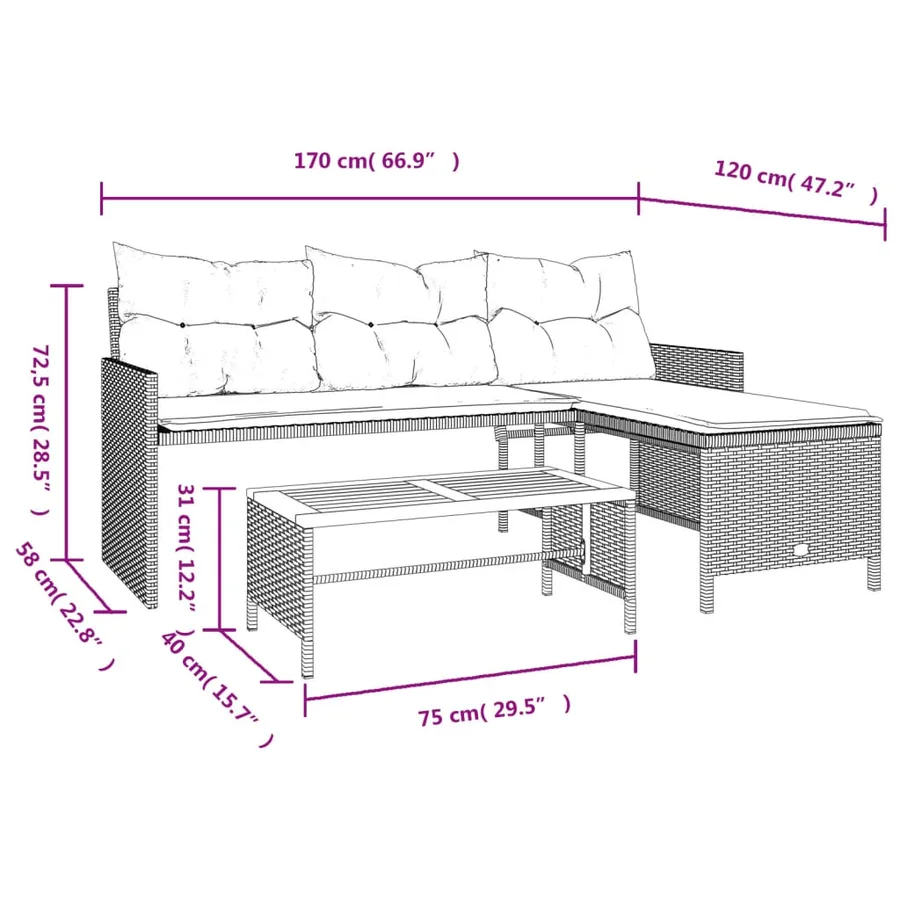 Canapé de jardin avec table et coussins en forme de L noir - 10