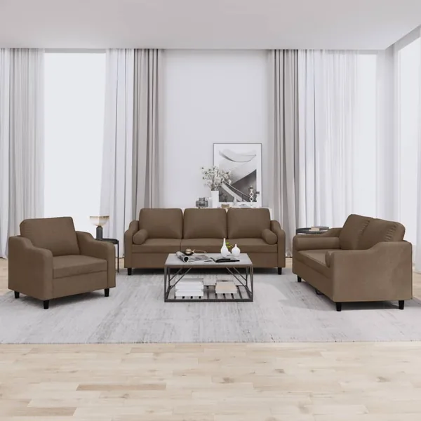 Ensemble de canapés 3 pcs avec coussins marron tissu