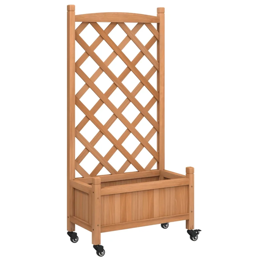 Jardinière avec treillis et roues marron bois massif de sapin - 2