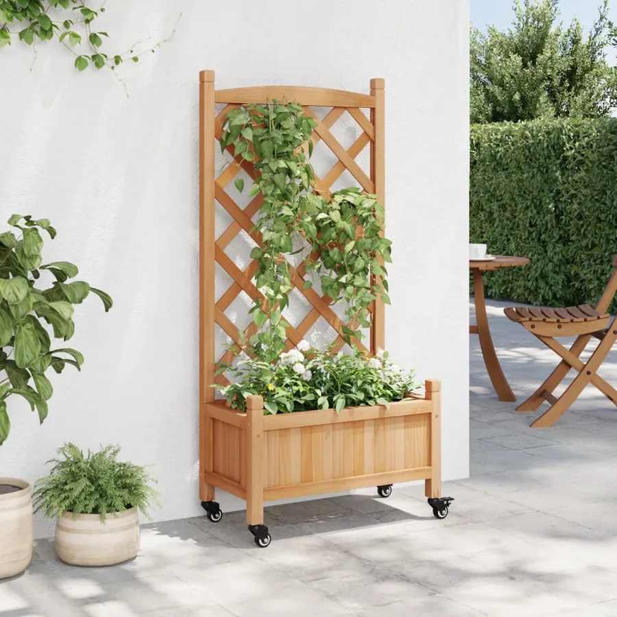 Jardinière avec treillis et roues marron bois massif de sapin - 3