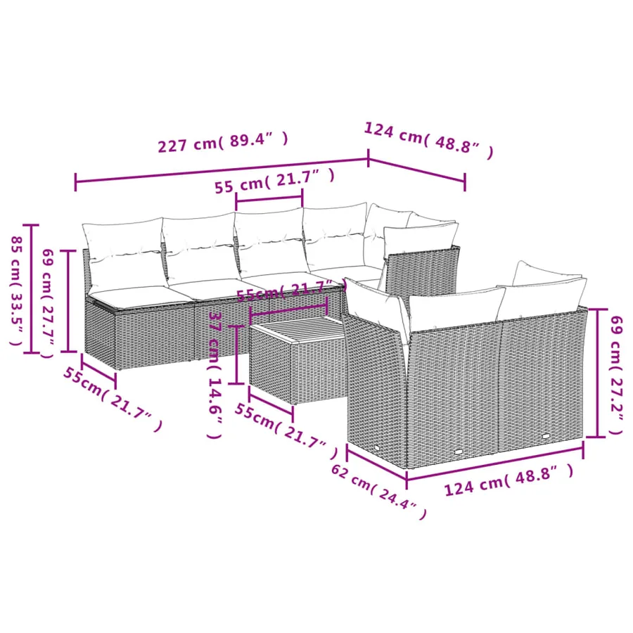 Salon de jardin 8 pcs avec coussins gris résine tressée - 3