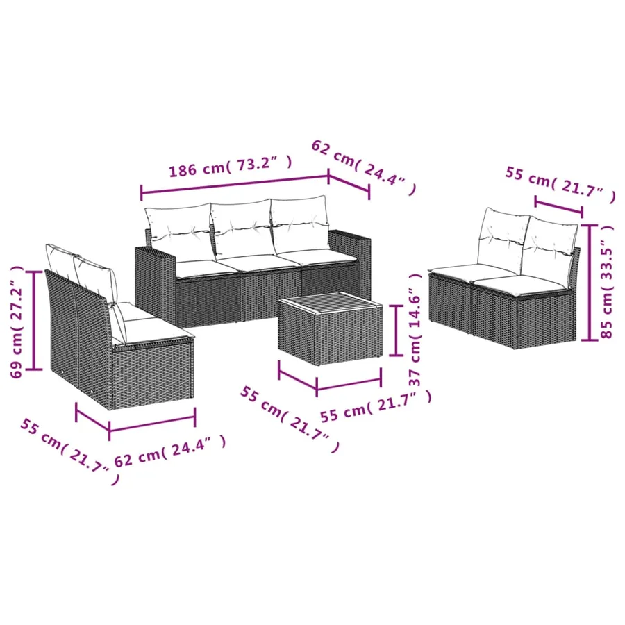 Salon de jardin 8 pcs avec coussins gris résine tressée - 3