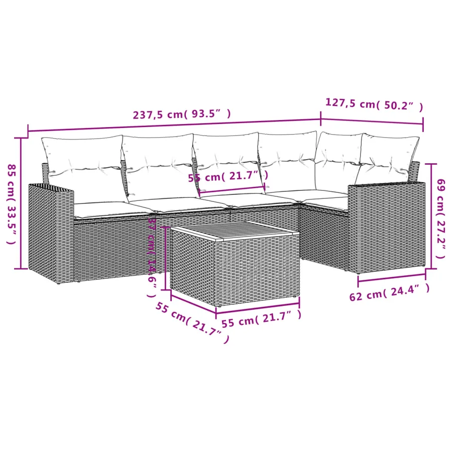 Salon de jardin 6 pcs avec coussins gris résine tressée - 3