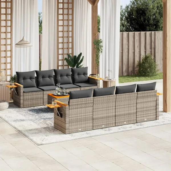 Salon de jardin 9 pcs avec coussins gris résine tressée