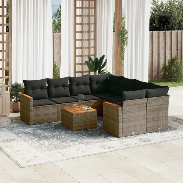 Salon de jardin 9 pcs avec coussins gris résine tressée