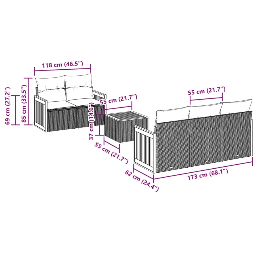 Salon de jardin 6 pcs avec coussins gris résine tressée - 7