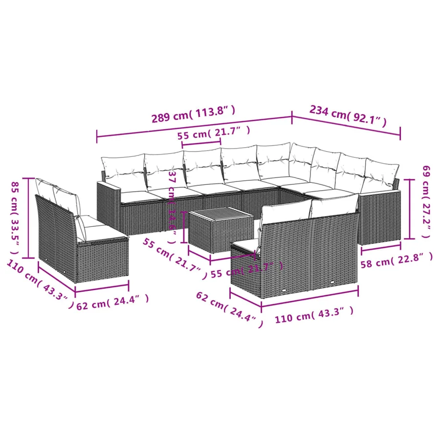 Salon de jardin avec coussins 13 pcs gris résine tressée - 8