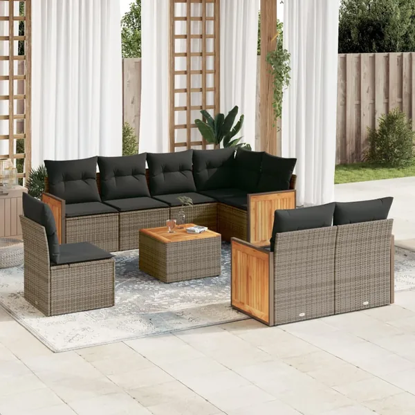 Salon de jardin 9 pcs avec coussins gris résine tressée