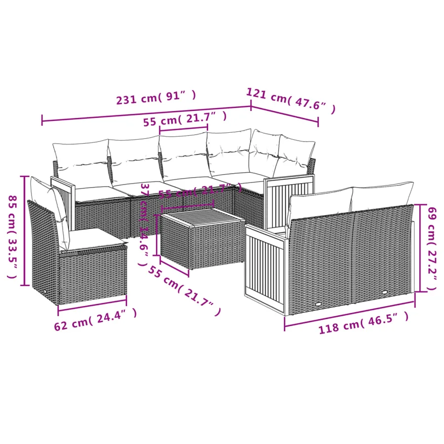 Salon de jardin 9 pcs avec coussins gris résine tressée - 8