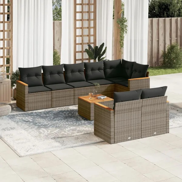 Salon de jardin 9 pcs avec coussins gris résine tressée