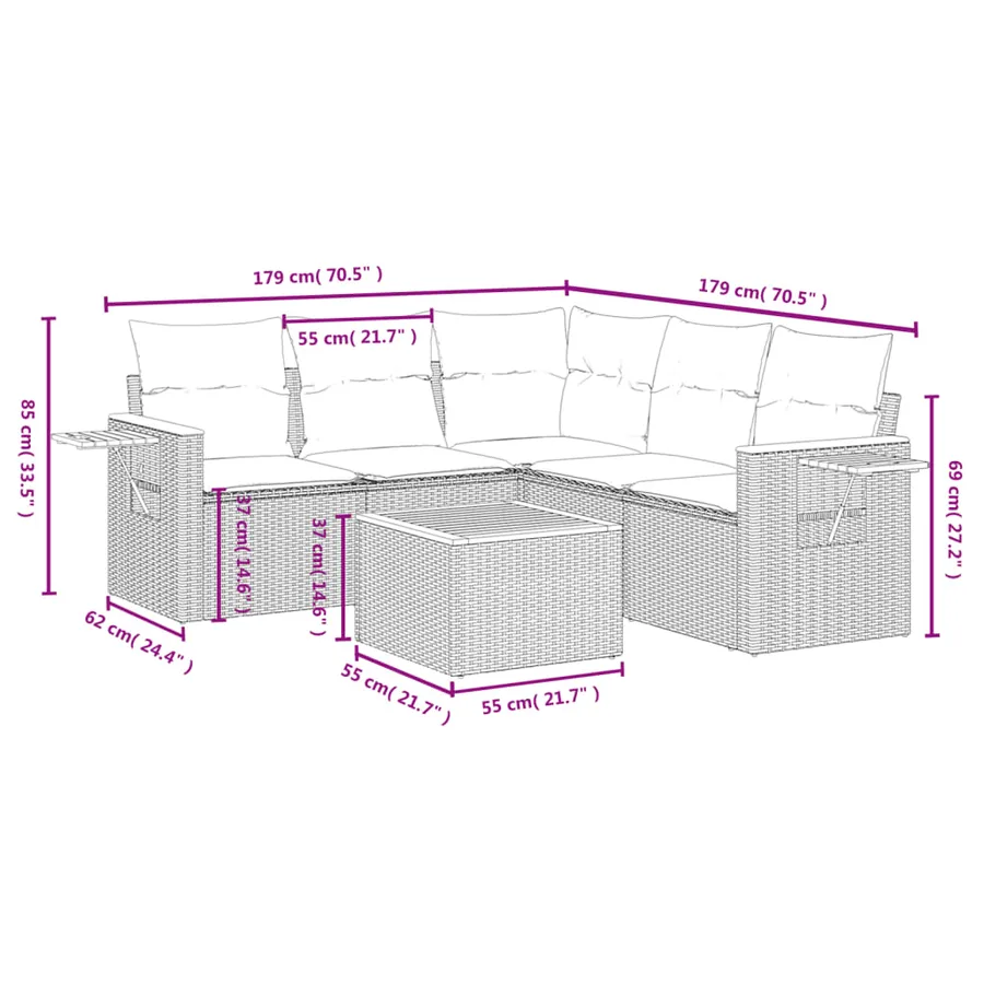 Salon de jardin 6 pcs avec coussins gris résine tressée - 9